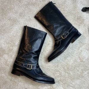 Manolo Blahnik Womens 38.5 Size 8 Black Leather Riding Boots Zip Buckle Low Heel